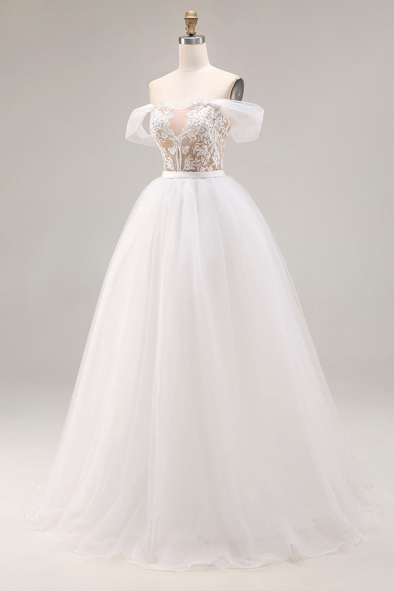 Laden Sie das Bild in den Galerie-Viewer, Elfenbein Schulterfreies Besticktes Tüll Langes Ballkleid Hochzeitskleid