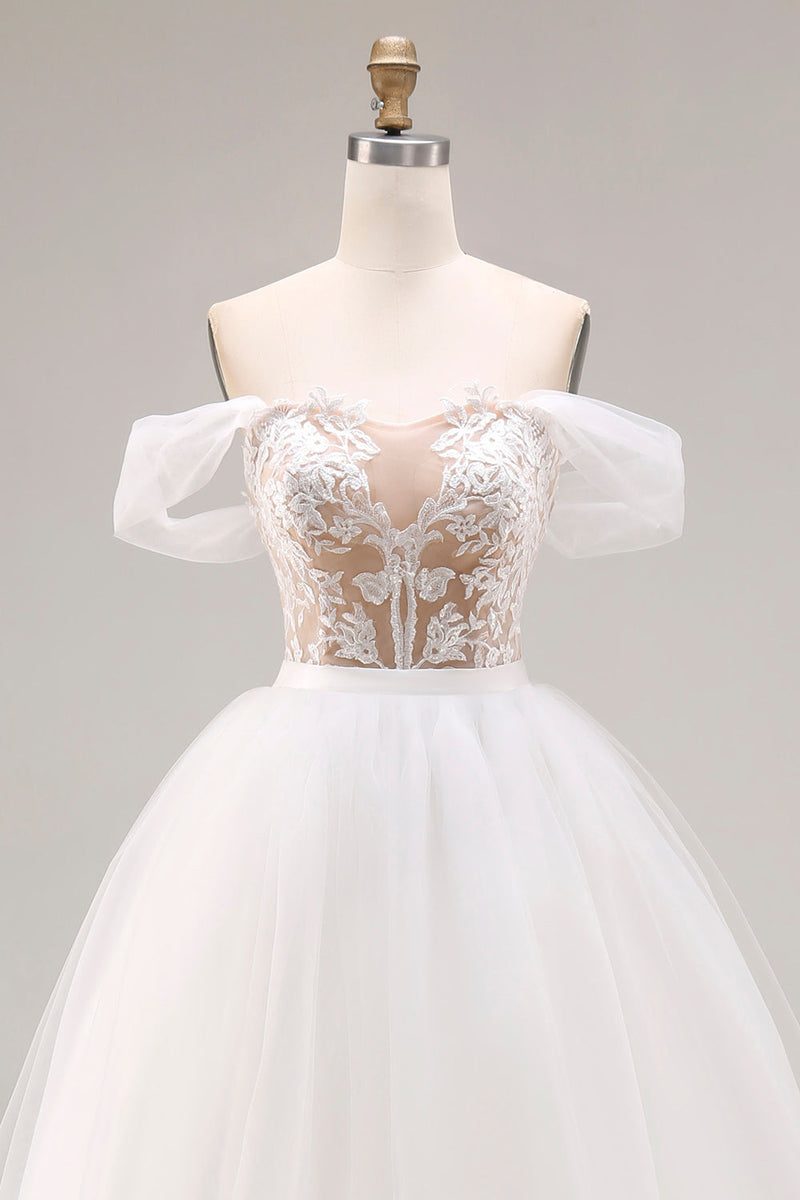 Laden Sie das Bild in den Galerie-Viewer, Elfenbein Schulterfreies Besticktes Tüll Langes Ballkleid Hochzeitskleid
