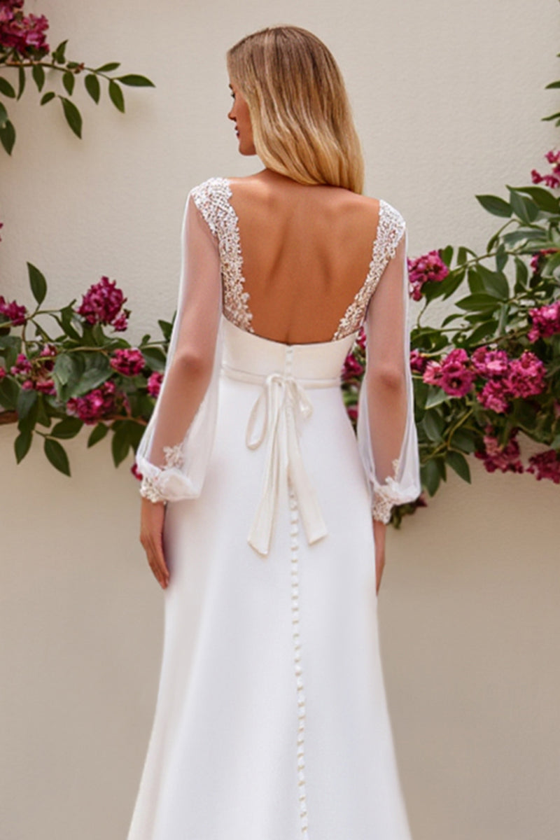 Laden Sie das Bild in den Galerie-Viewer, Elfenbein Meerjungfrau V-Ausschnitt Satin Spitze Brautkleid mit langen Ärmeln