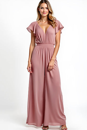 Dusty Rose Chiffon Jumpsuit mit V-Ausschnitt und Rüschen