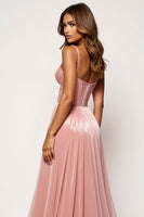 Laden Sie das Bild in den Galerie-Viewer, Glitzer Blush Rosa A Linie Trägerloses Ballkleid mit Schlitz