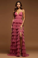 Laden Sie das Bild in den Galerie-Viewer, Desert Rose A-Linie Spaghettiträger Rüschen Tüll Langes Ballkleid mit Schlitz