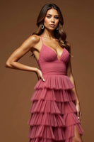 Laden Sie das Bild in den Galerie-Viewer, Desert Rose A-Linie Spaghettiträger Rüschen Tüll Langes Ballkleid mit Schlitz