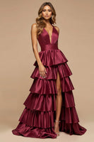 Laden Sie das Bild in den Galerie-Viewer, Burgundy A-Linie Satin Rüschen Ballkleid mit tiefen V-Ausschnitten und Schlitz