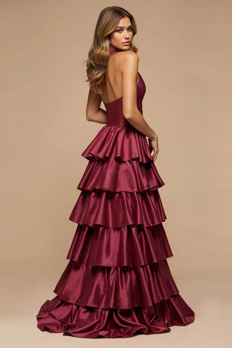 Laden Sie das Bild in den Galerie-Viewer, Burgundy A-Linie Satin Rüschen Ballkleid mit tiefen V-Ausschnitten und Schlitz