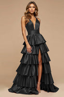 Laden Sie das Bild in den Galerie-Viewer, Burgundy A-Linie Satin Rüschen Ballkleid mit tiefen V-Ausschnitten und Schlitz