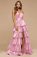 Laden Sie das Bild in den Galerie-Viewer, Burgundy A-Linie Satin Rüschen Ballkleid mit tiefen V-Ausschnitten und Schlitz