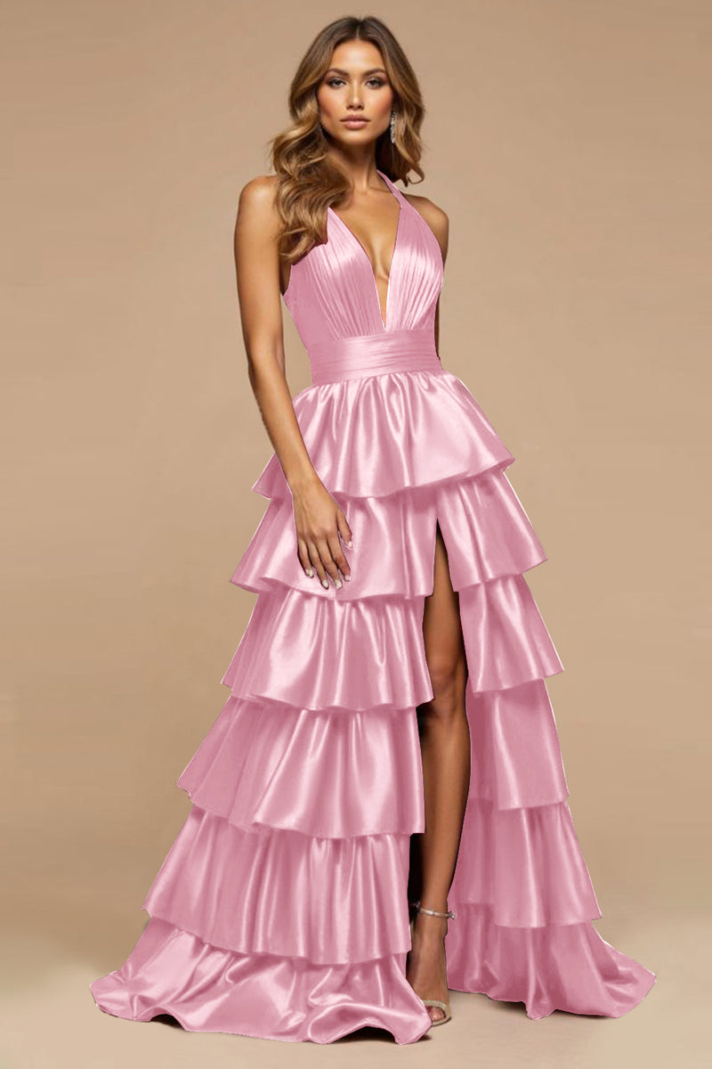 Laden Sie das Bild in den Galerie-Viewer, Burgundy A-Linie Satin Rüschen Ballkleid mit tiefen V-Ausschnitten und Schlitz