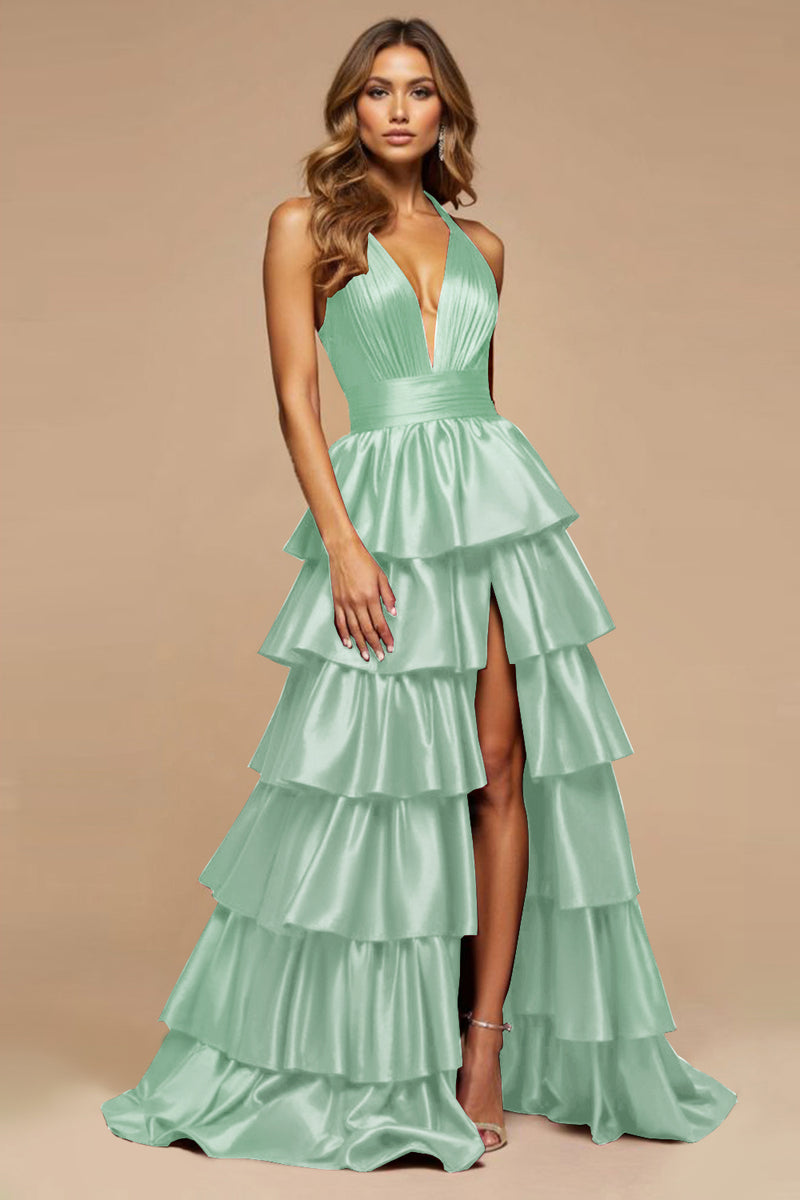 Laden Sie das Bild in den Galerie-Viewer, Burgundy A-Linie Satin Rüschen Ballkleid mit tiefen V-Ausschnitten und Schlitz