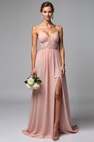 Laden Sie das Bild in den Galerie-Viewer, Dusty Rose Spaghettiträger Chiffon Spitze Brautjungfernkleid mit Schlitz