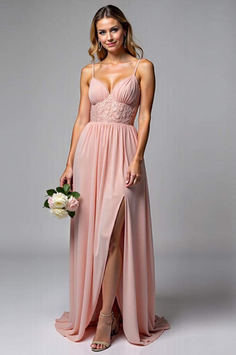 Laden Sie das Bild in den Galerie-Viewer, Dusty Rose Spaghettiträger Chiffon Spitze Brautjungfernkleid mit Schlitz