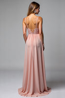 Laden Sie das Bild in den Galerie-Viewer, Dusty Rose Spaghettiträger Chiffon Spitze Brautjungfernkleid mit Schlitz