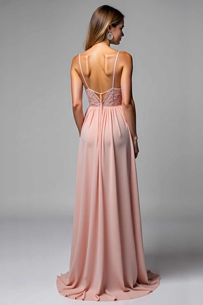 Laden Sie das Bild in den Galerie-Viewer, Dusty Rose Spaghettiträger Chiffon Spitze Brautjungfernkleid mit Schlitz