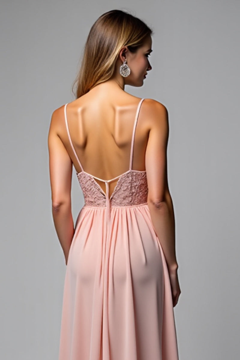 Laden Sie das Bild in den Galerie-Viewer, Dusty Rose Spaghettiträger Chiffon Spitze Brautjungfernkleid mit Schlitz