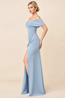 Laden Sie das Bild in den Galerie-Viewer, Staubblaues Schulterfreies Gerafftes Langes Brautjungfernkleid mit Schlitz