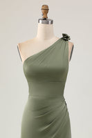 Laden Sie das Bild in den Galerie-Viewer, Eine Schulter Eukalyptus Meerjungfrau Langes Brautjungfernkleid mit Schlitz