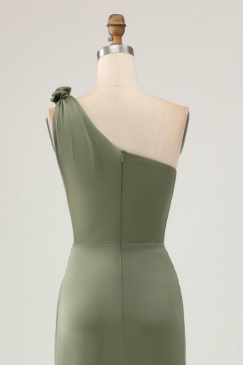 Laden Sie das Bild in den Galerie-Viewer, Eine Schulter Eukalyptus Meerjungfrau Langes Brautjungfernkleid mit Schlitz