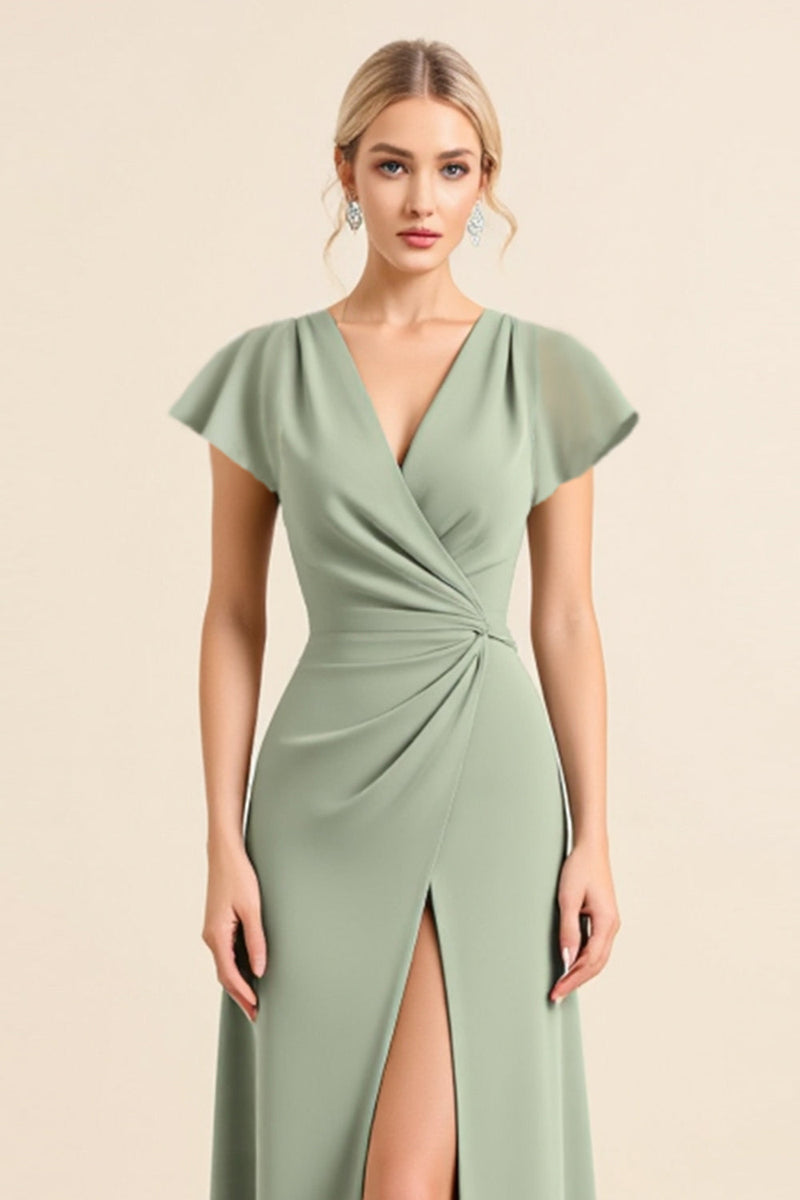 Laden Sie das Bild in den Galerie-Viewer, Matcha Etui V-Ausschnitt Rüschenärmel Langes Brautjungfernkleid mit Schlitz