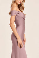 Laden Sie das Bild in den Galerie-Viewer, Vintage Mauve Satin Schulterfreies Langes Brautjungfernkleid mit Schlitz