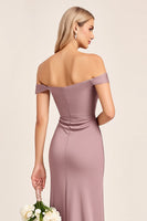 Laden Sie das Bild in den Galerie-Viewer, Vintage Mauve Satin Schulterfreies Langes Brautjungfernkleid mit Schlitz