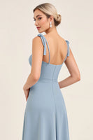 Laden Sie das Bild in den Galerie-Viewer, A Line Himmelblaues Chiffon Spaghettiträger Langes Brautjungfernkleid
