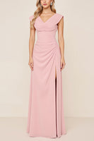 Laden Sie das Bild in den Galerie-Viewer, Bonbonrosa Chiffon Langes Brautjungfernkleid mit Wasserfallausschnitt und Schlitz