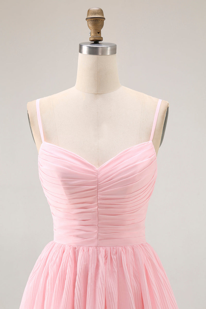 Laden Sie das Bild in den Galerie-Viewer, Langes Brautjungfernkleid aus Chiffon in Rosa mit Rüschen