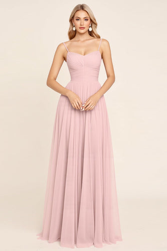 Bonbonrosa Chiffon A-Linie Spaghettiträger Langes Brautjungfernkleid