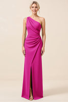 Laden Sie das Bild in den Galerie-Viewer, Matcha Eine Schulter Chiffon Langes Brautjungfernkleid mit Schlitz