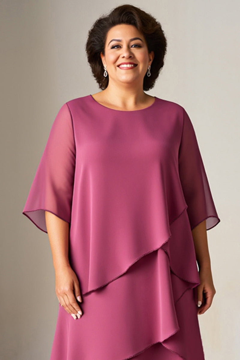 Laden Sie das Bild in den Galerie-Viewer, Vintage Mauve Chiffon Rüschen Große Größen Brautmutterkleid mit halben Ärmeln