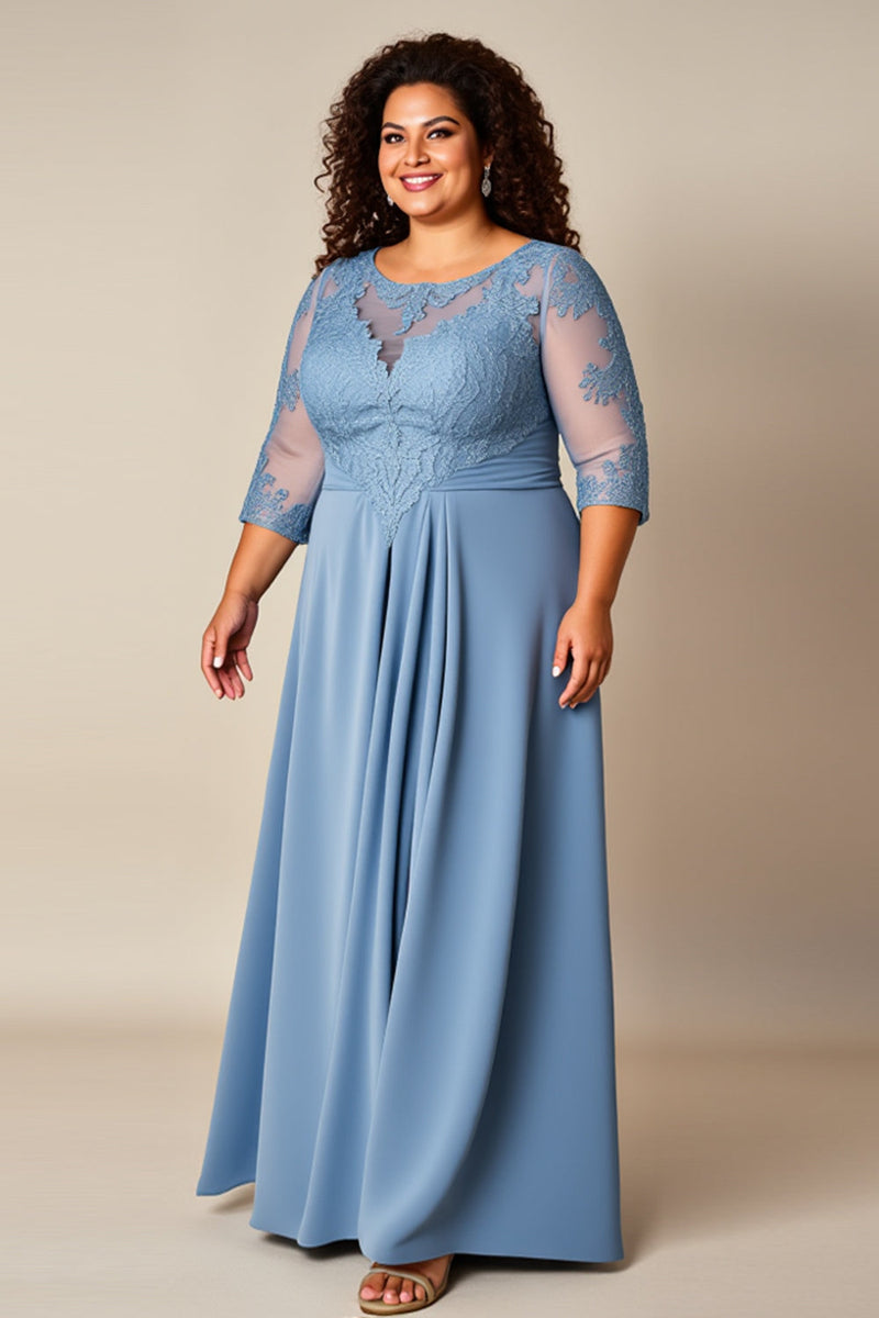 Laden Sie das Bild in den Galerie-Viewer, Große Größen Staubblaues A Linie Appliziertes Langes Brautmutterkleid