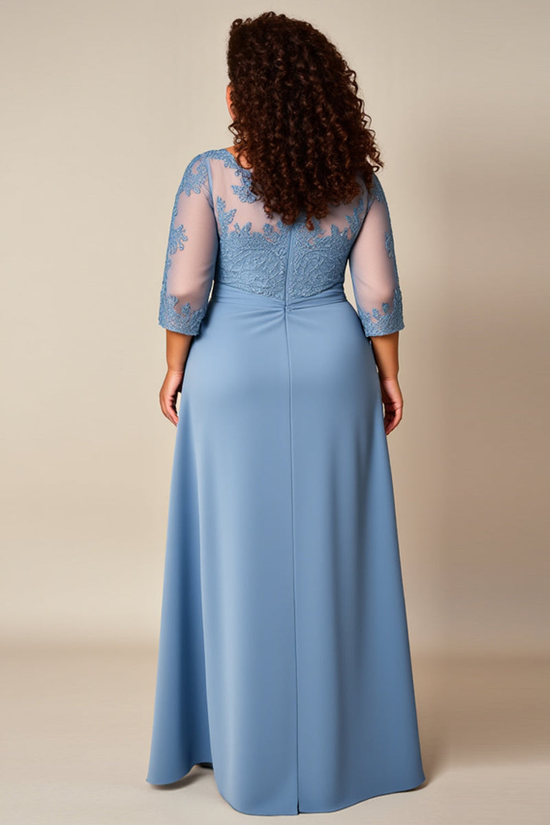 Laden Sie das Bild in den Galerie-Viewer, Große Größen Staubblaues A Linie Appliziertes Langes Brautmutterkleid