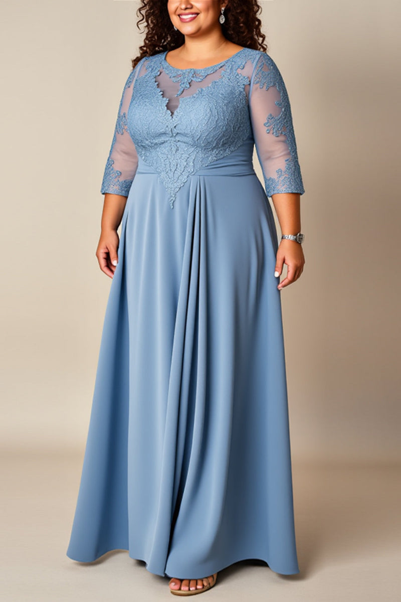 Laden Sie das Bild in den Galerie-Viewer, Große Größen Staubblaues A Linie Appliziertes Langes Brautmutterkleid