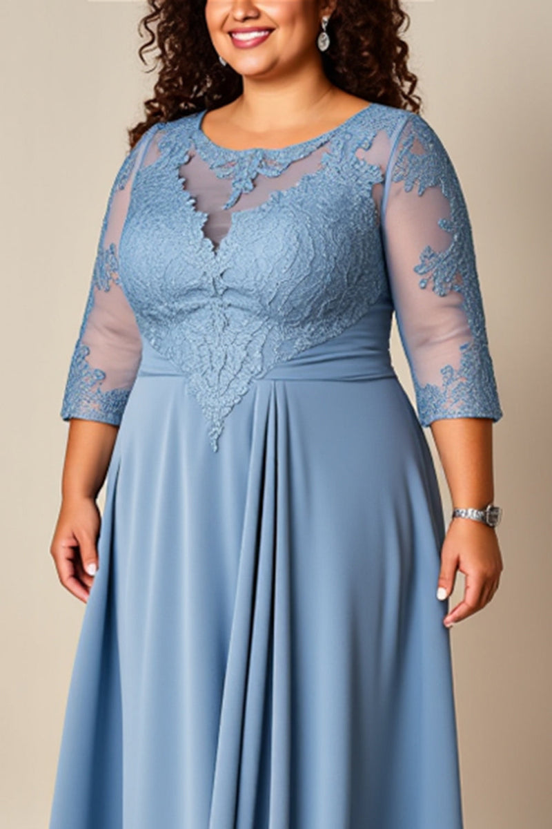 Laden Sie das Bild in den Galerie-Viewer, Große Größen Staubblaues A Linie Appliziertes Langes Brautmutterkleid