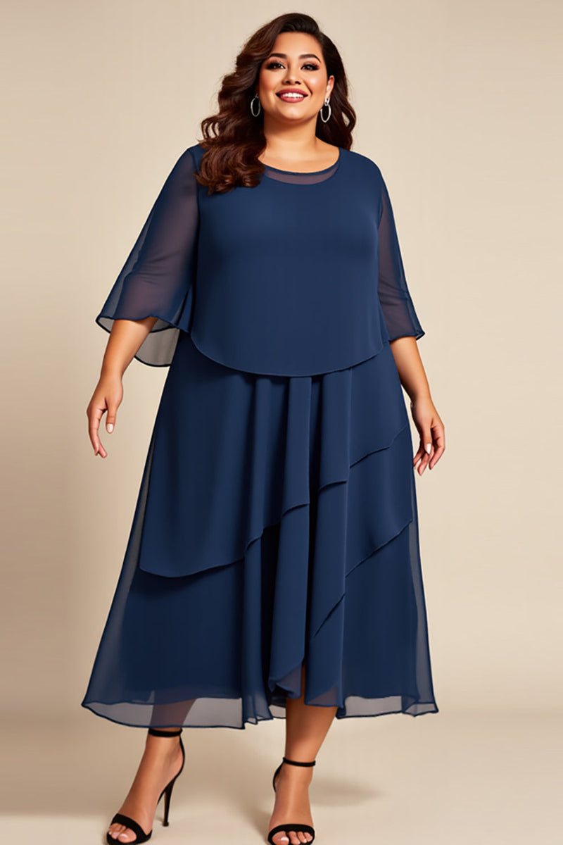 Laden Sie das Bild in den Galerie-Viewer, Marineblaues Plus Size Chiffon A Linie Mutter der Braut Kleid