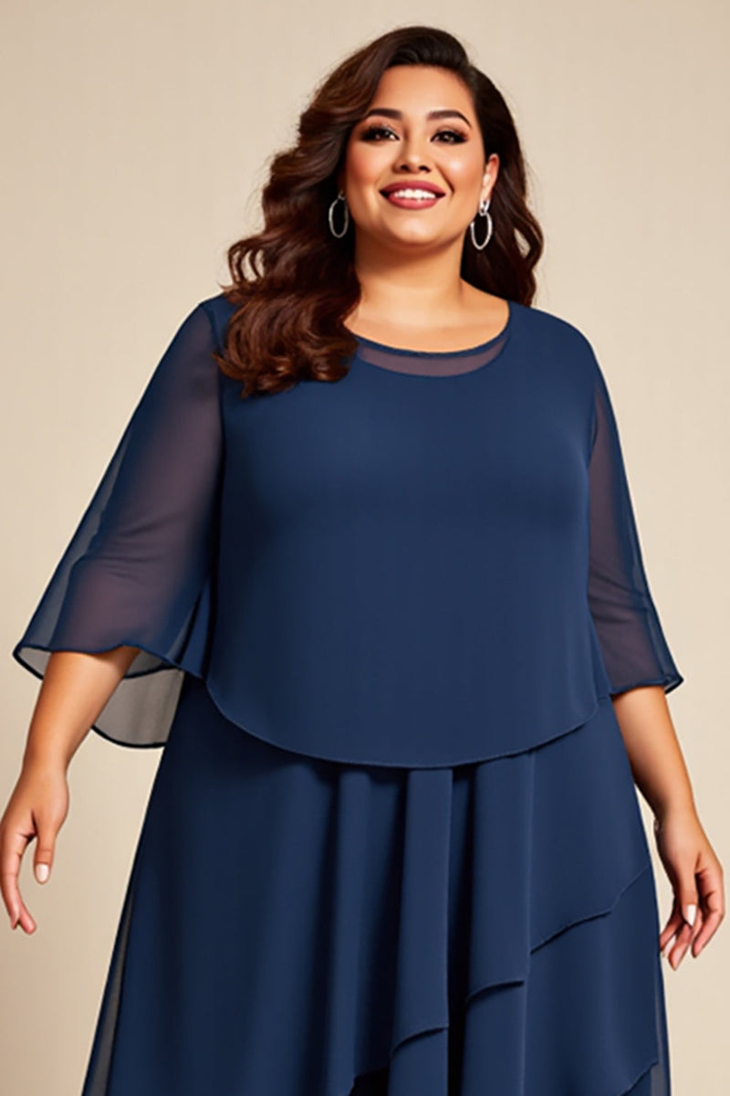 Laden Sie das Bild in den Galerie-Viewer, Marineblaues Plus Size Chiffon A Linie Mutter der Braut Kleid