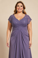 Laden Sie das Bild in den Galerie-Viewer, Grau Lila A Linie Chiffon Spitze Plus Size Mutter der Braut Kleid