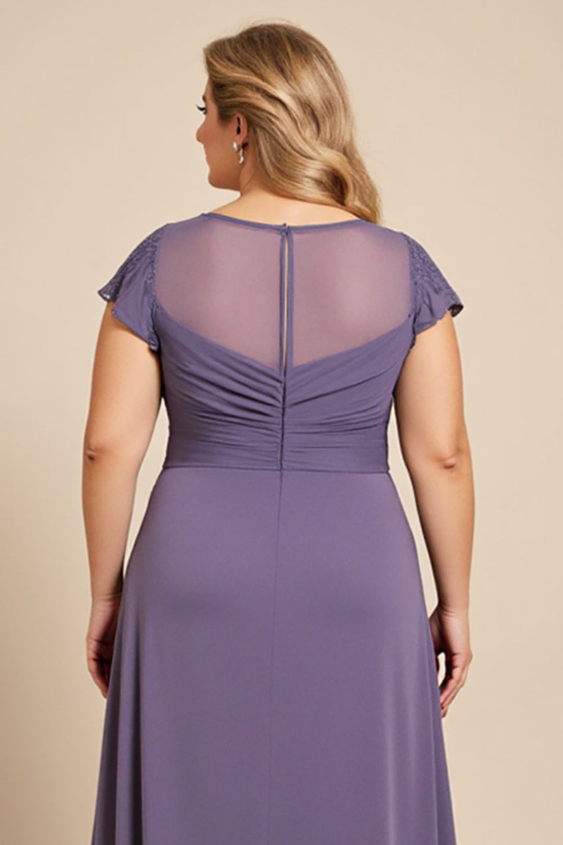 Laden Sie das Bild in den Galerie-Viewer, Grau Lila A Linie Chiffon Spitze Plus Size Mutter der Braut Kleid