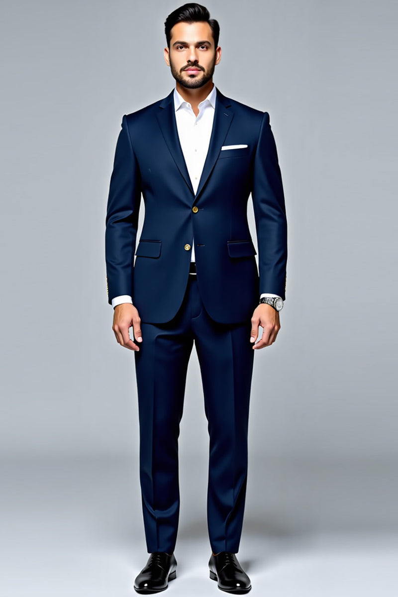 Laden Sie das Bild in den Galerie-Viewer, Dunkelblauer 2-teiliger einreihiger Slim-Fit Herrenanzug mit revers