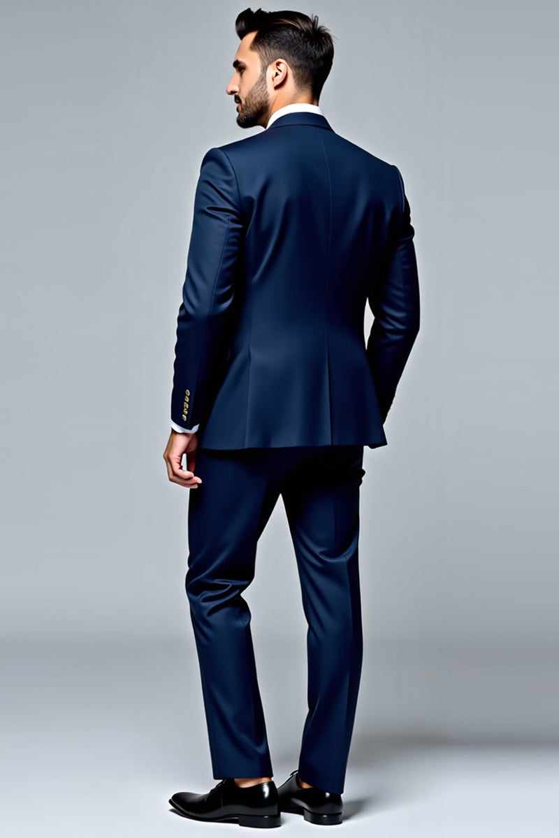 Laden Sie das Bild in den Galerie-Viewer, Dunkelblauer 2-teiliger einreihiger Slim-Fit Herrenanzug mit revers