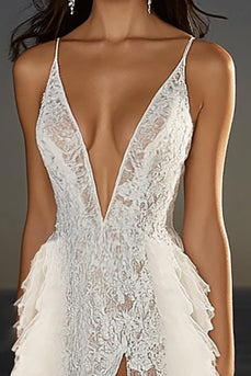 Tüll Spitze Spaghettiträger Rüschen A Linie Brautkleid mit Schlitz