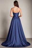 Laden Sie das Bild in den Galerie-Viewer, Marineblaues Herzausschnitt A-Linie Satin Langes Ballkleid