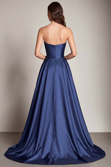 Marineblaues Herzausschnitt A-Linie Satin Langes Ballkleid