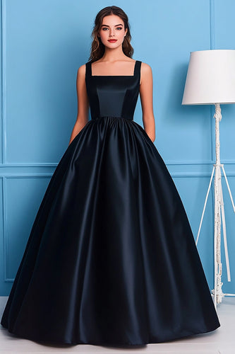 Schwarzes A-Linie Ballkleid aus Satin mit quadratischem Ausschnitt