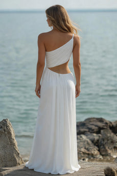 Weißes Etui Langes Boho Strandkleid mit einer Schulter und Rüschen