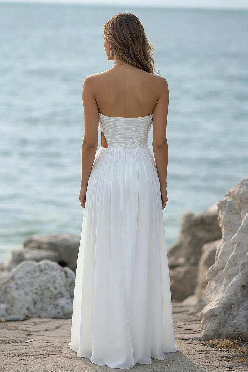 Laden Sie das Bild in den Galerie-Viewer, Trägerloses Weißes A-Linie Boho Strandkleid mit Schlitz