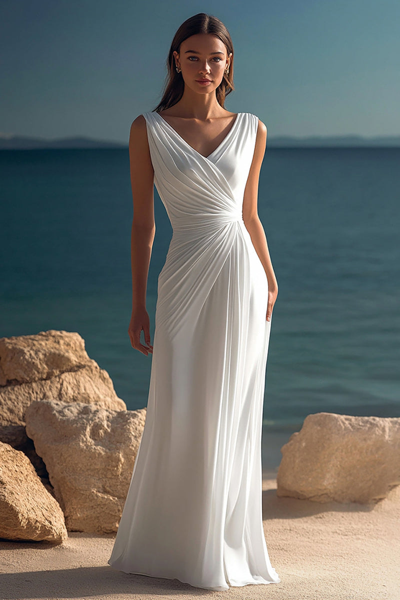 Laden Sie das Bild in den Galerie-Viewer, Elegantes Weißes Gerafftes Chiffon Boho Strandkleid mit V-Ausschnitt