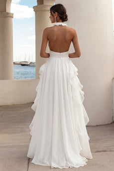 Weißes A-Linie Neckholder Rüschen Standesamtkleid mit hohem Schlitz