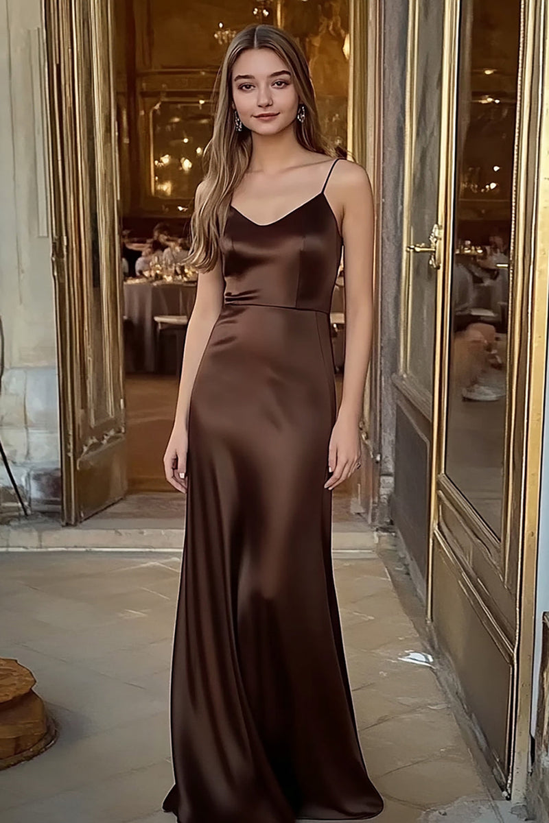 Laden Sie das Bild in den Galerie-Viewer, Spaghettiträger Kaffee Satin Langes Ballkleid