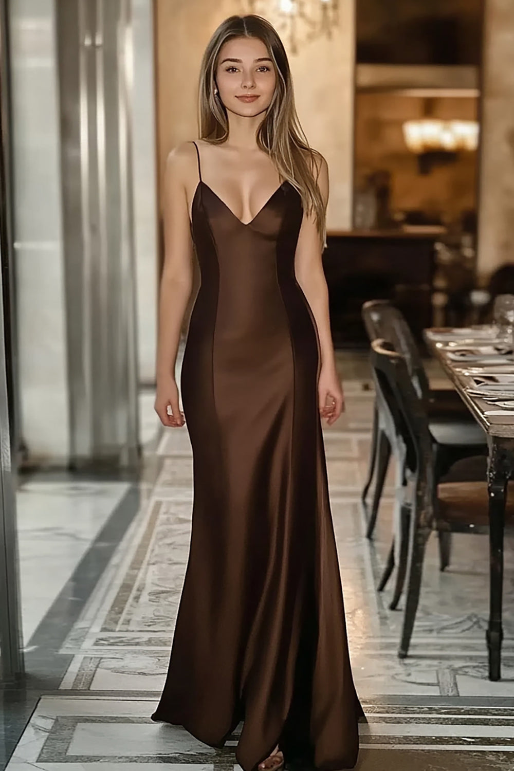 Kaffee Satin Spaghettiträger Meerjungfrau Ballkleid